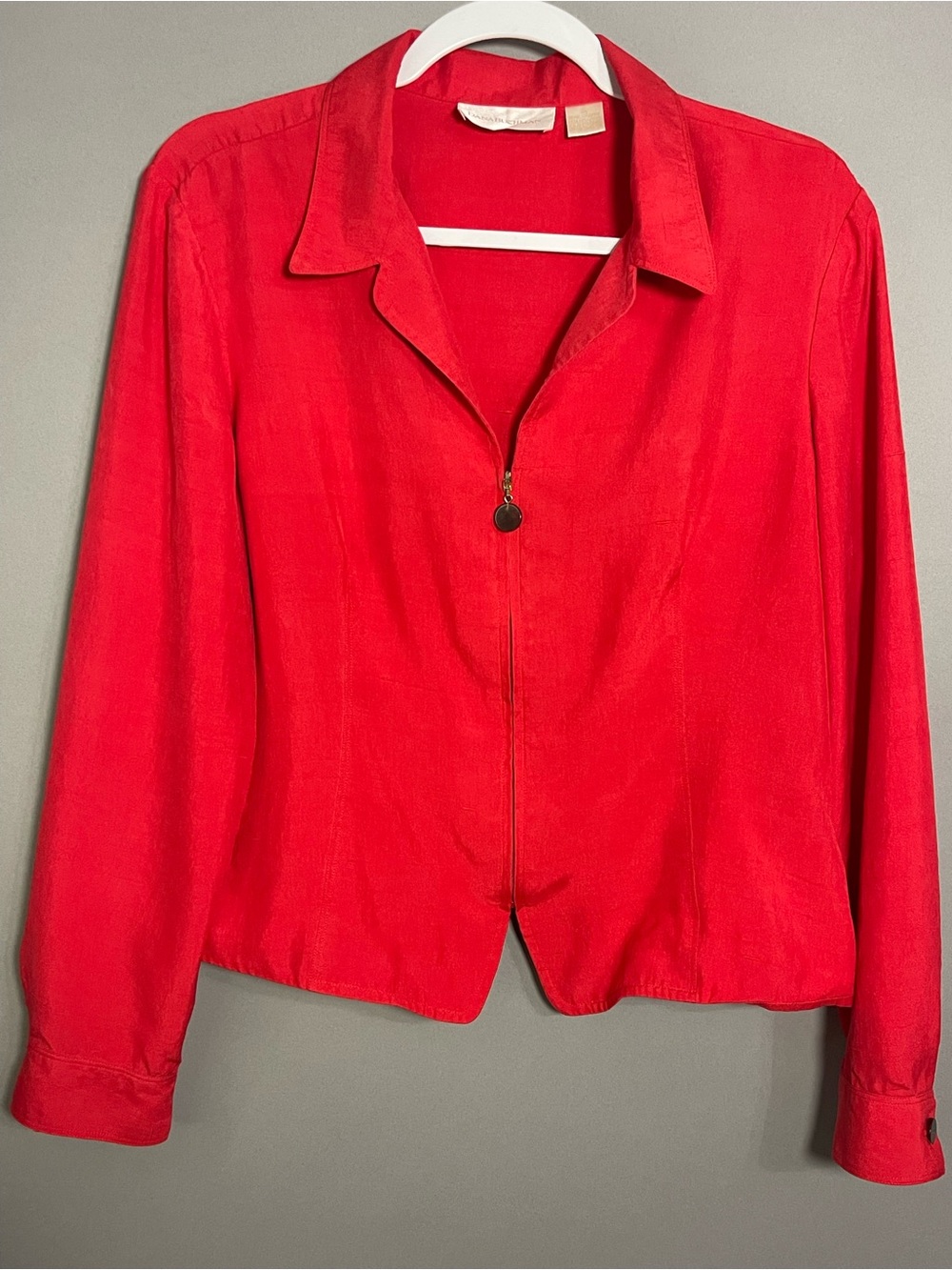 Dana Buchman 100% Silk Red Dupioni Zip Front Jacket Blazer Size 14
